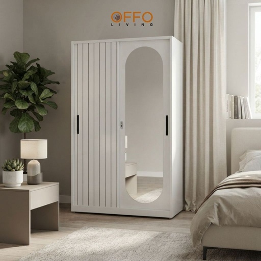 Lemari Pakaian Besi Sliding 120 - 2 Pintu Motif Garis Cermin Oval