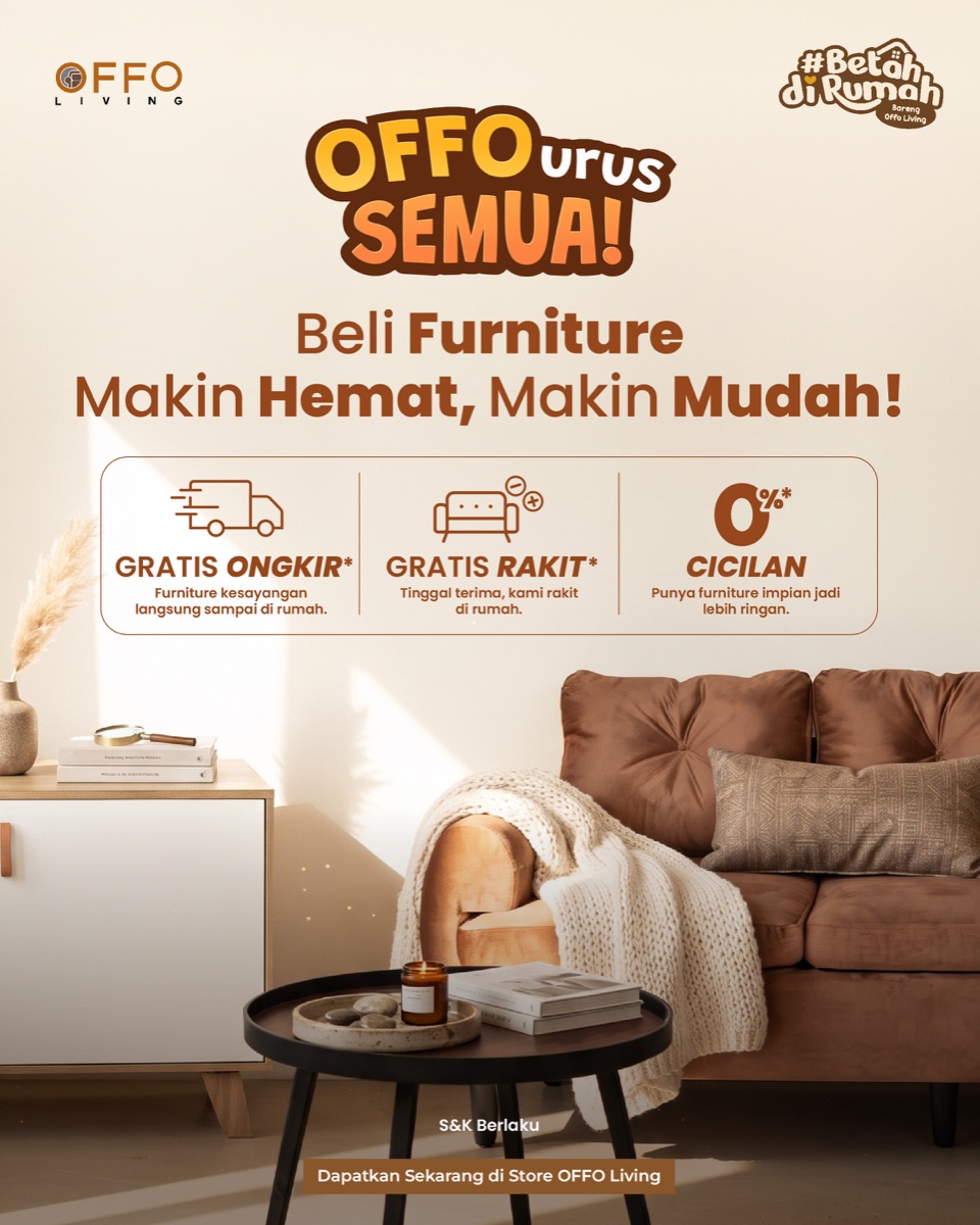 Poster OFFO Urus Semua: gratis ongkir, gratis rakit, cicilan 0% di toko OFFO Living